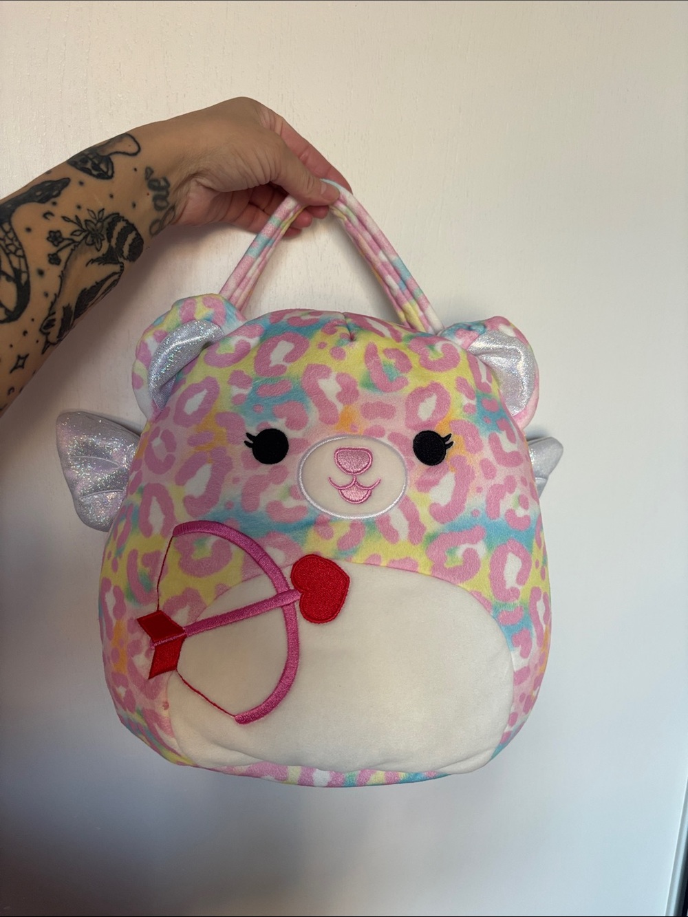 Squishmallows Pink Multicolor Leopard Plush Heart Bow Handbag